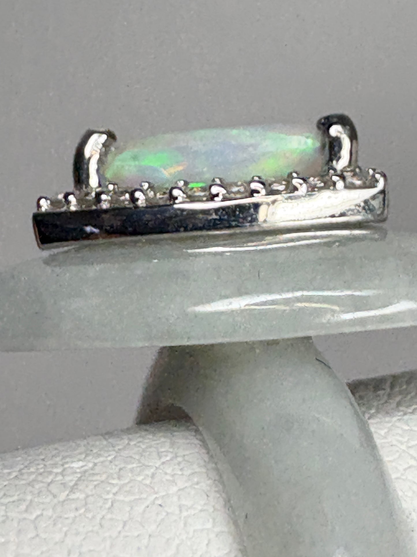 Type A Burmese Jadeite Jade Ethiopian Opal Trillion Halo Ring with Zircon size 7