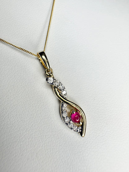 Greenland Ruby and Canadian Diavik Diamond Pendant Necklace Solid 9k Gold 18"