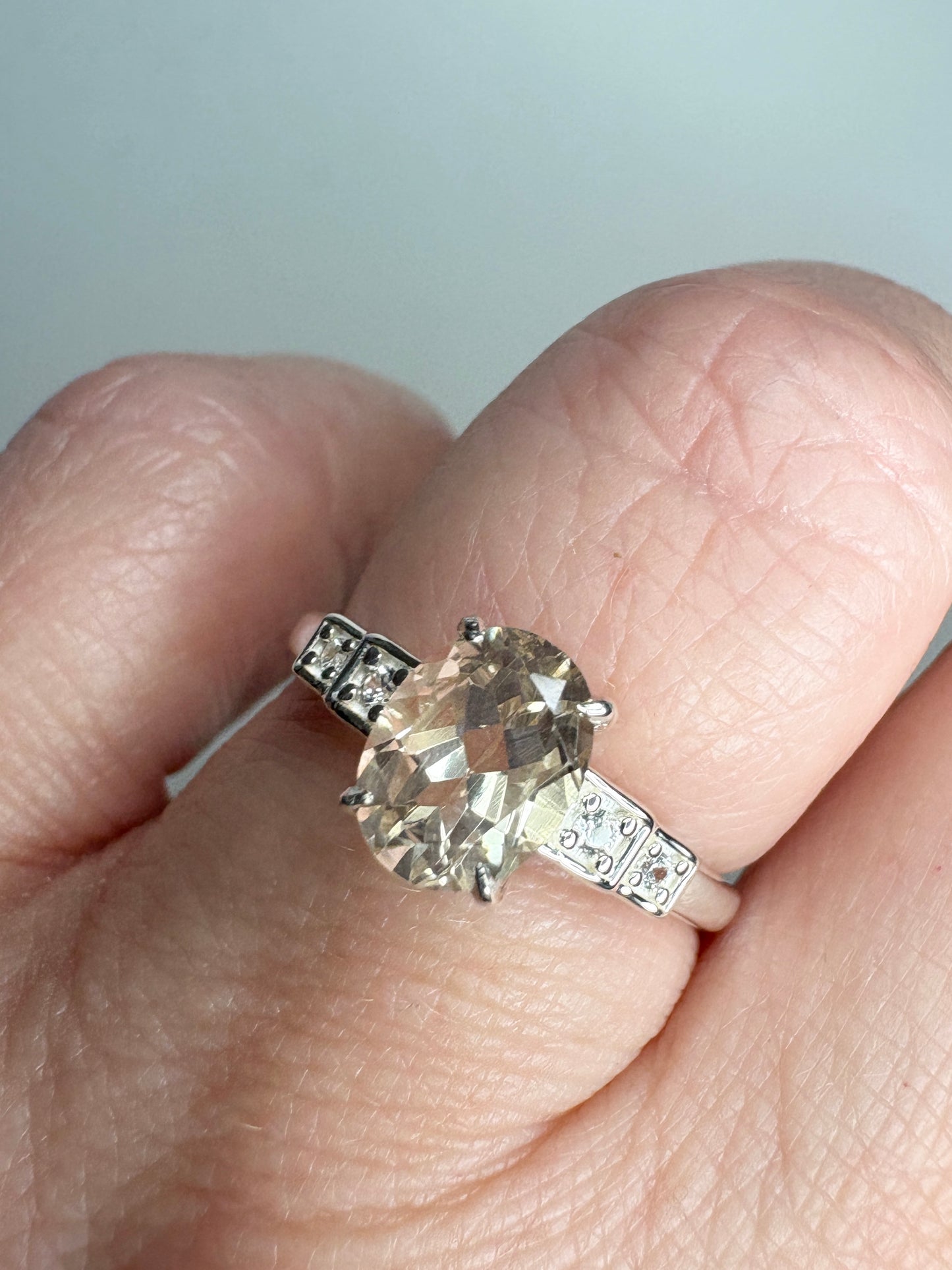 Yellow Oregon Sunstone and Zircon Ring Sterling Silver size 7