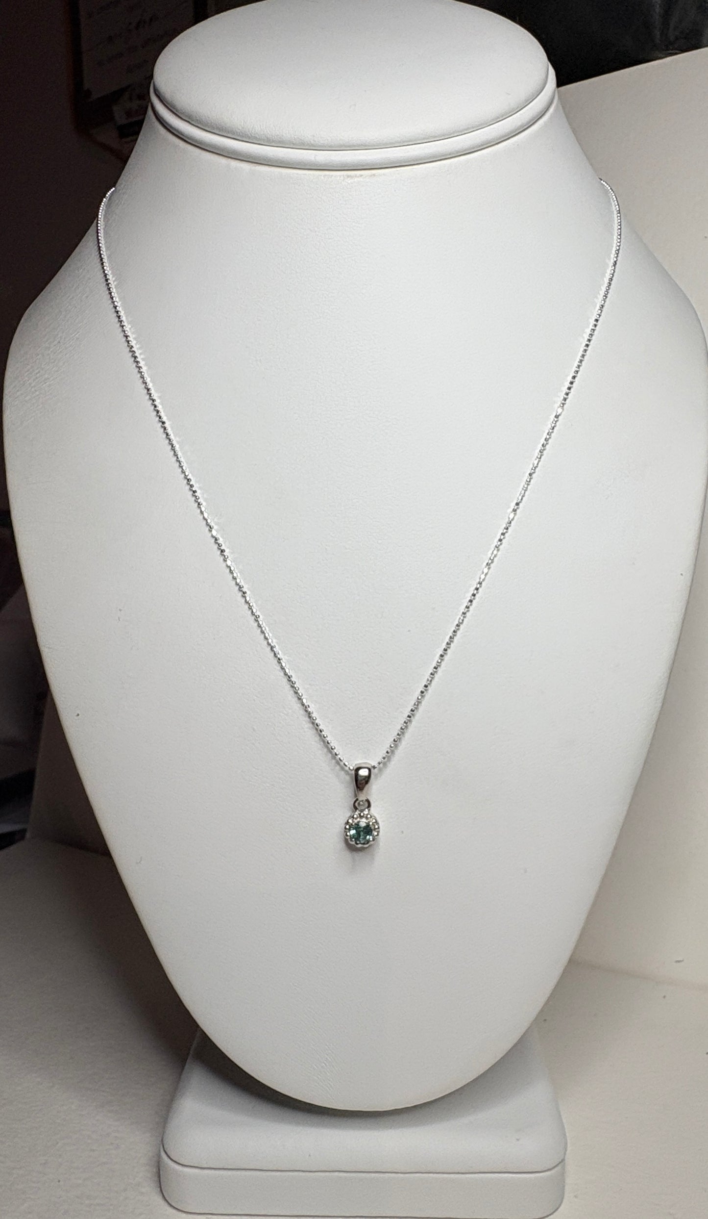 Brazilan Lagoon Tourmaline Beaded Solitaire Pendant Necklace Sterling Silver 4mm 18"