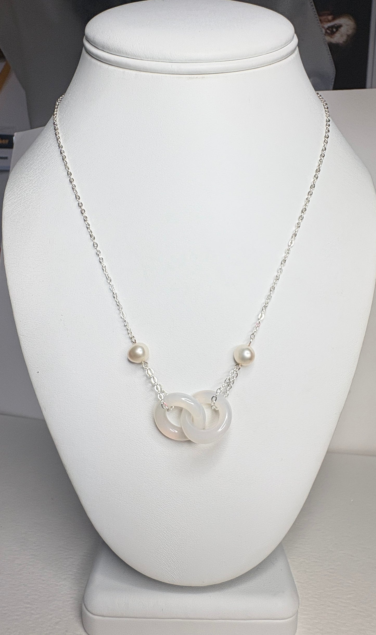 Linked Chalcedony and Cultured Freshwater Pearl Sterling Silver Necklace 19"