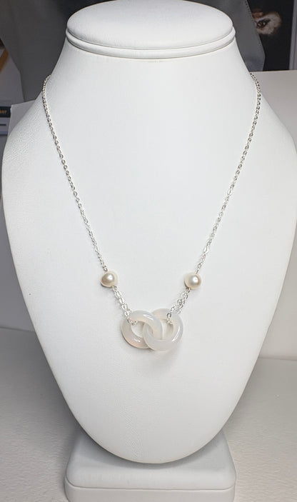Linked Chalcedony and Cultured Freshwater Pearl Sterling Silver Necklace 19"