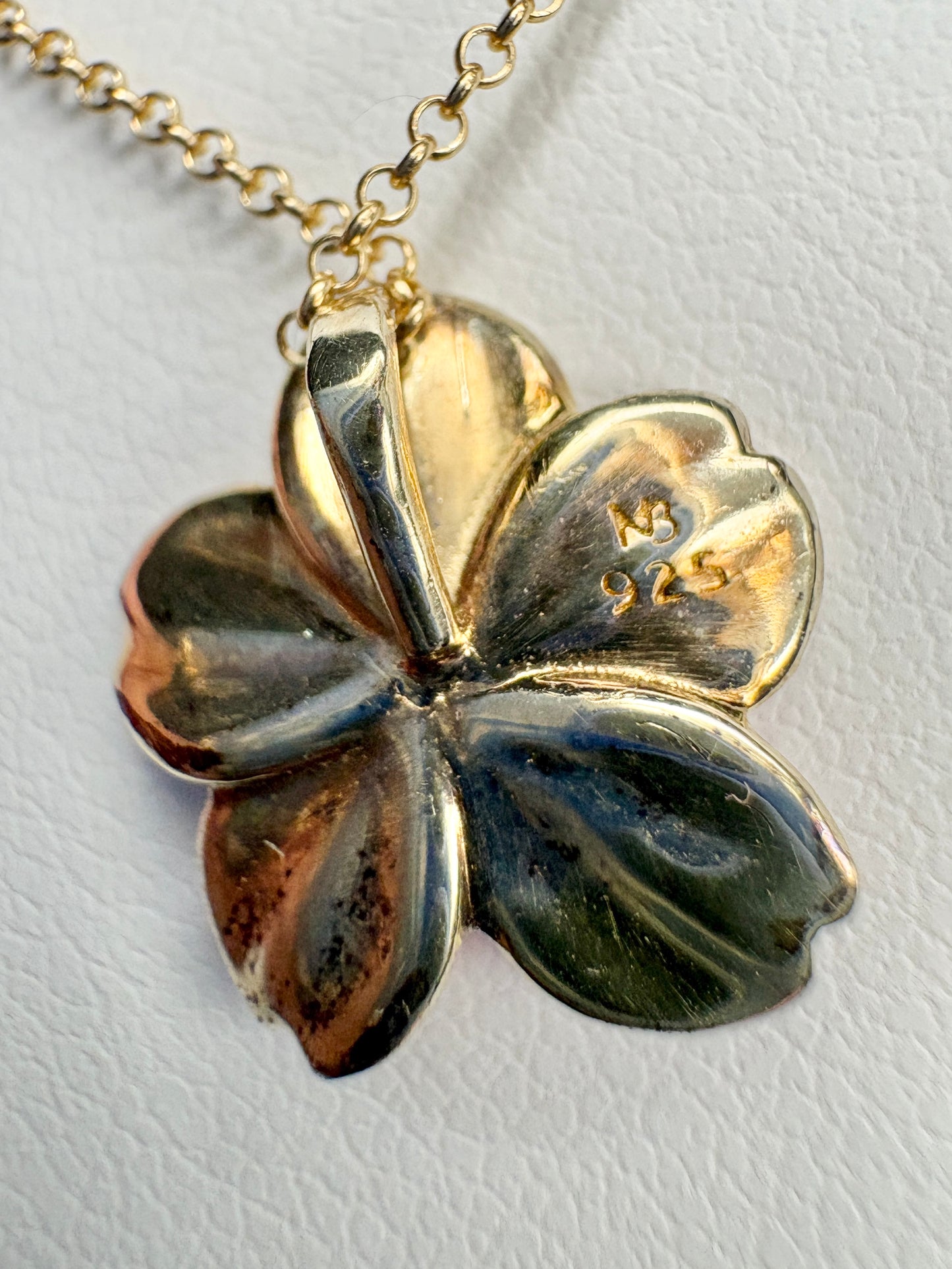 Silver.Gold Plated Pink Cherry Blossom Pendant. Gold-Diamond