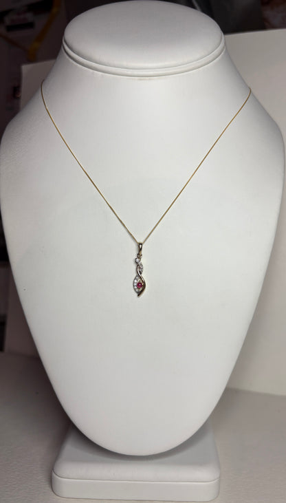 Greenland Ruby and Canadian Diavik Diamond Pendant Necklace Solid 9k Gold 18"
