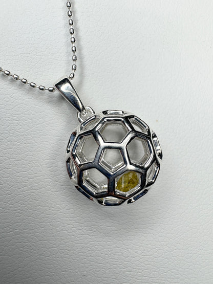 Natural Yellow Diamond in Honey Comb Cage Sterling SIlver Pendant Necklace 18"