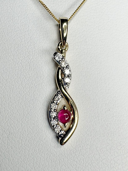 Greenland Ruby and Canadian Diavik Diamond Pendant Necklace Solid 9k Gold 18"