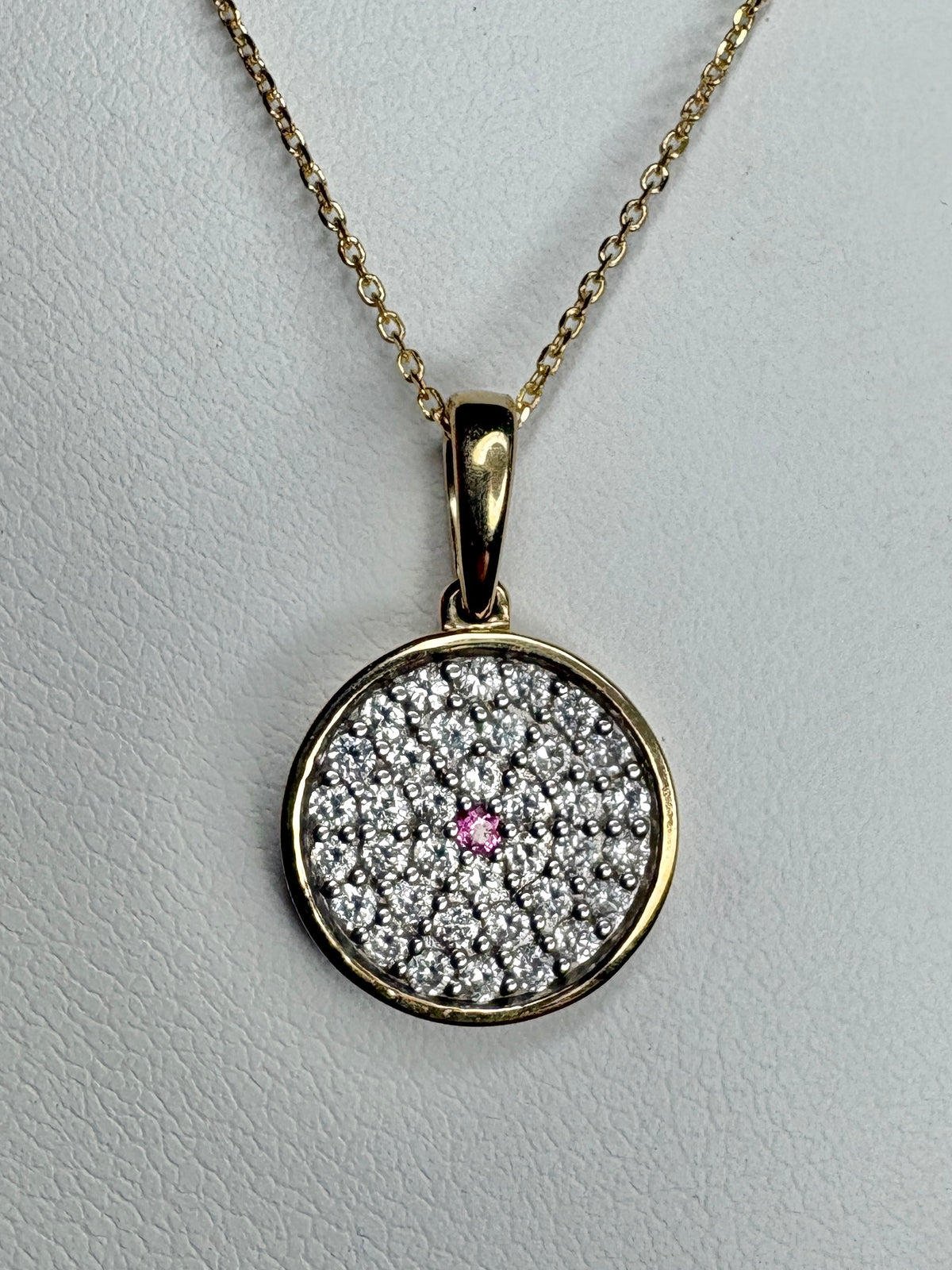Diamond and Pink Sapphire DIsc Pendant Necklace 9k Gold with 10k Gold Chain 18" .37ctw