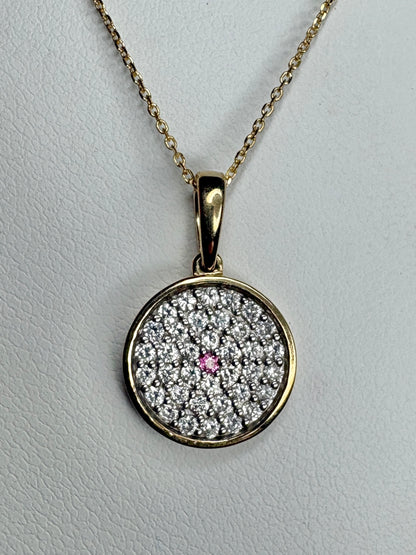 Diamond and Pink Sapphire DIsc Pendant Necklace 9k Gold with 10k Gold Chain 18" .37ctw