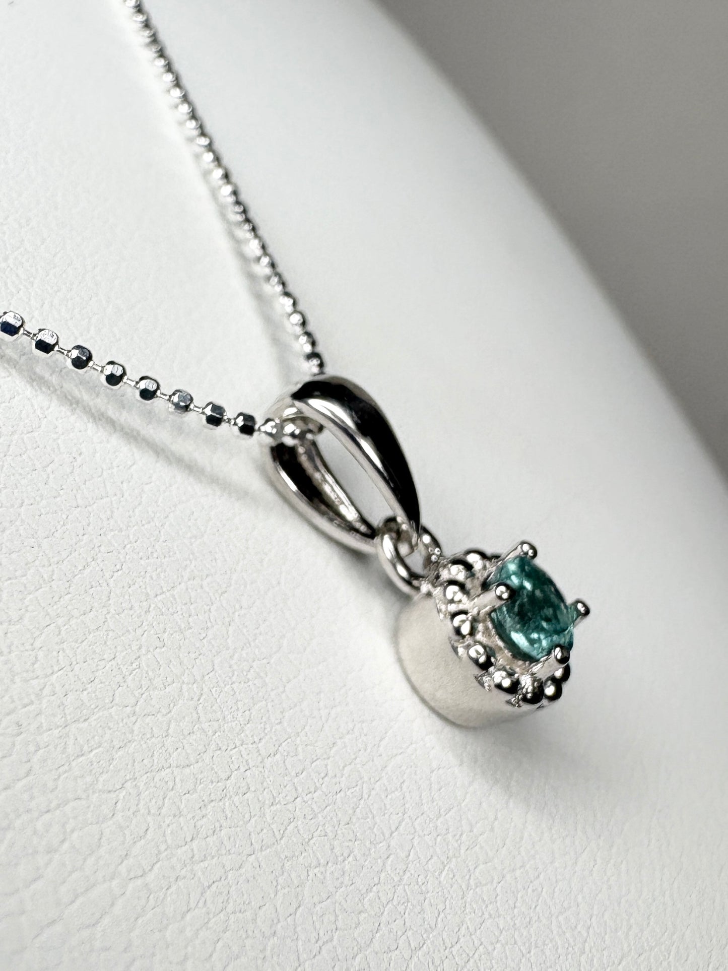 Brazilan Lagoon Tourmaline Beaded Solitaire Pendant Necklace Sterling Silver 4mm 18"