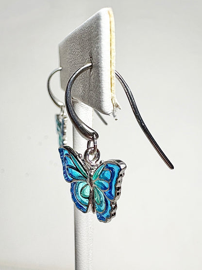 Blue Plique-a-Jour Butterfly Wire Earrings. Sterling Silver