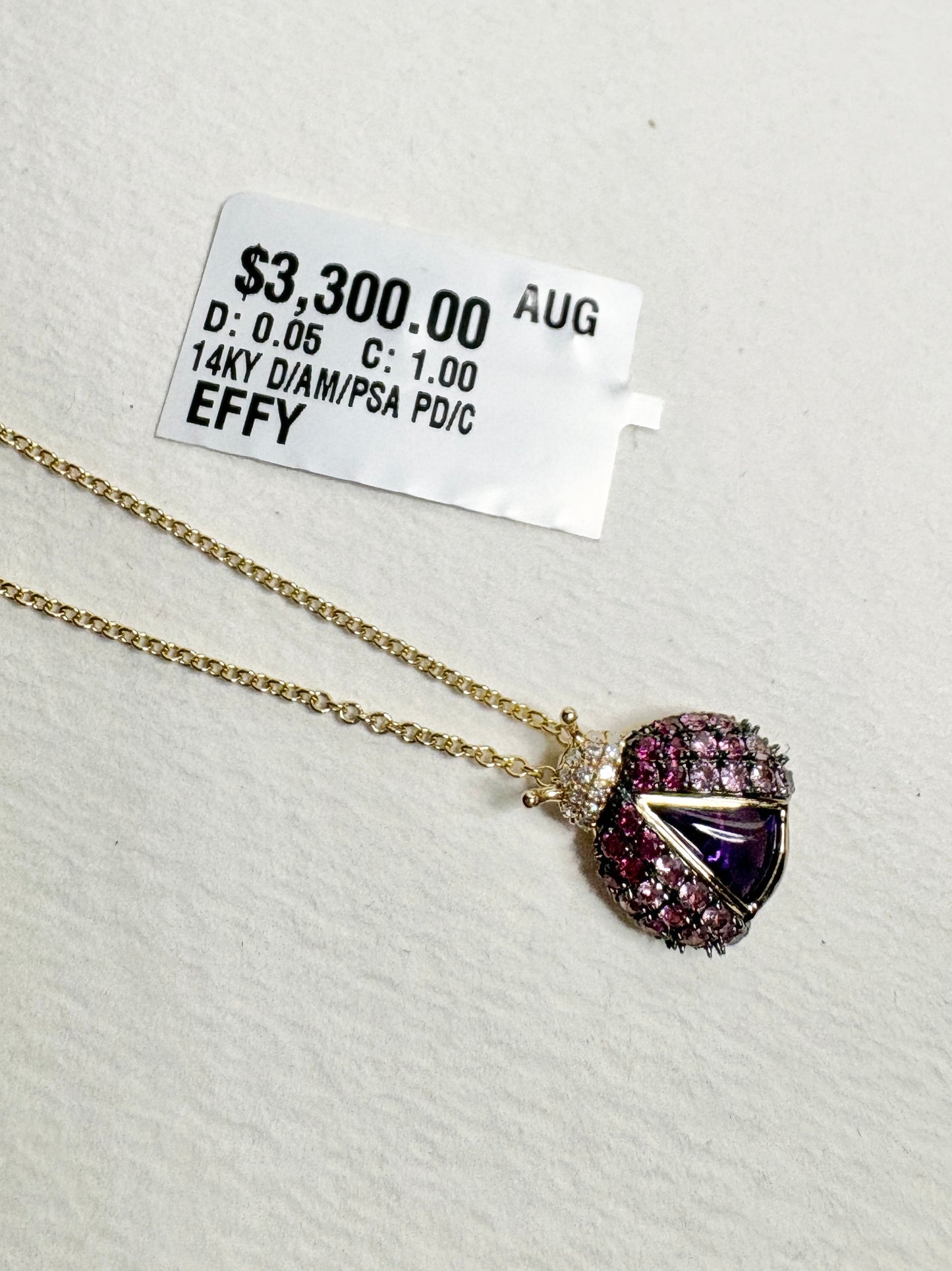 Effy Ladybug Amethyst Diamond Ruby and Pink Sapphire Pendant Necklace Adjustable 18" Solid 14k