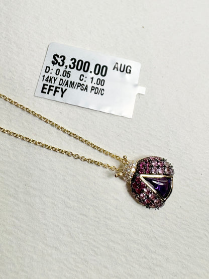 Effy Ladybug Amethyst Diamond Ruby and Pink Sapphire Pendant Necklace Adjustable 18" Solid 14k