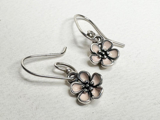 Pandora sterling silver dangle earrings with pink enamel cherry blossom charms.