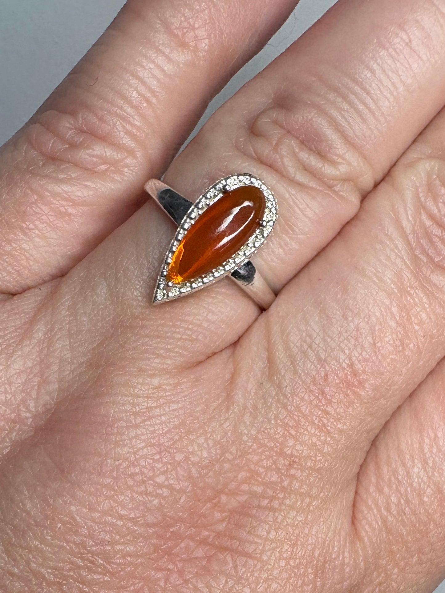 Oregon Fire Opal Cabochon Teardrop Ring Sterling Silver size 7
