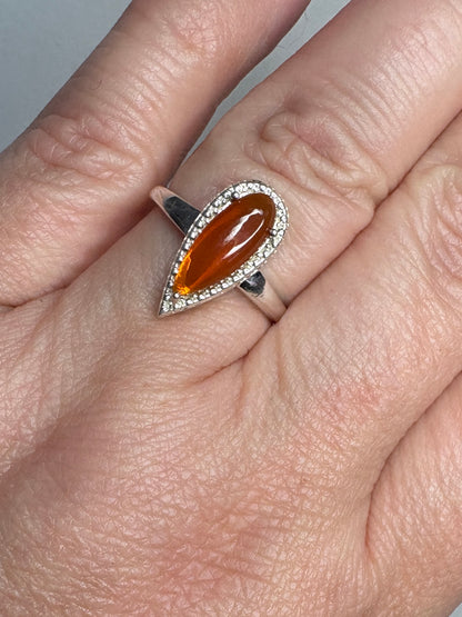 Oregon Fire Opal Cabochon Teardrop Ring Sterling Silver size 7
