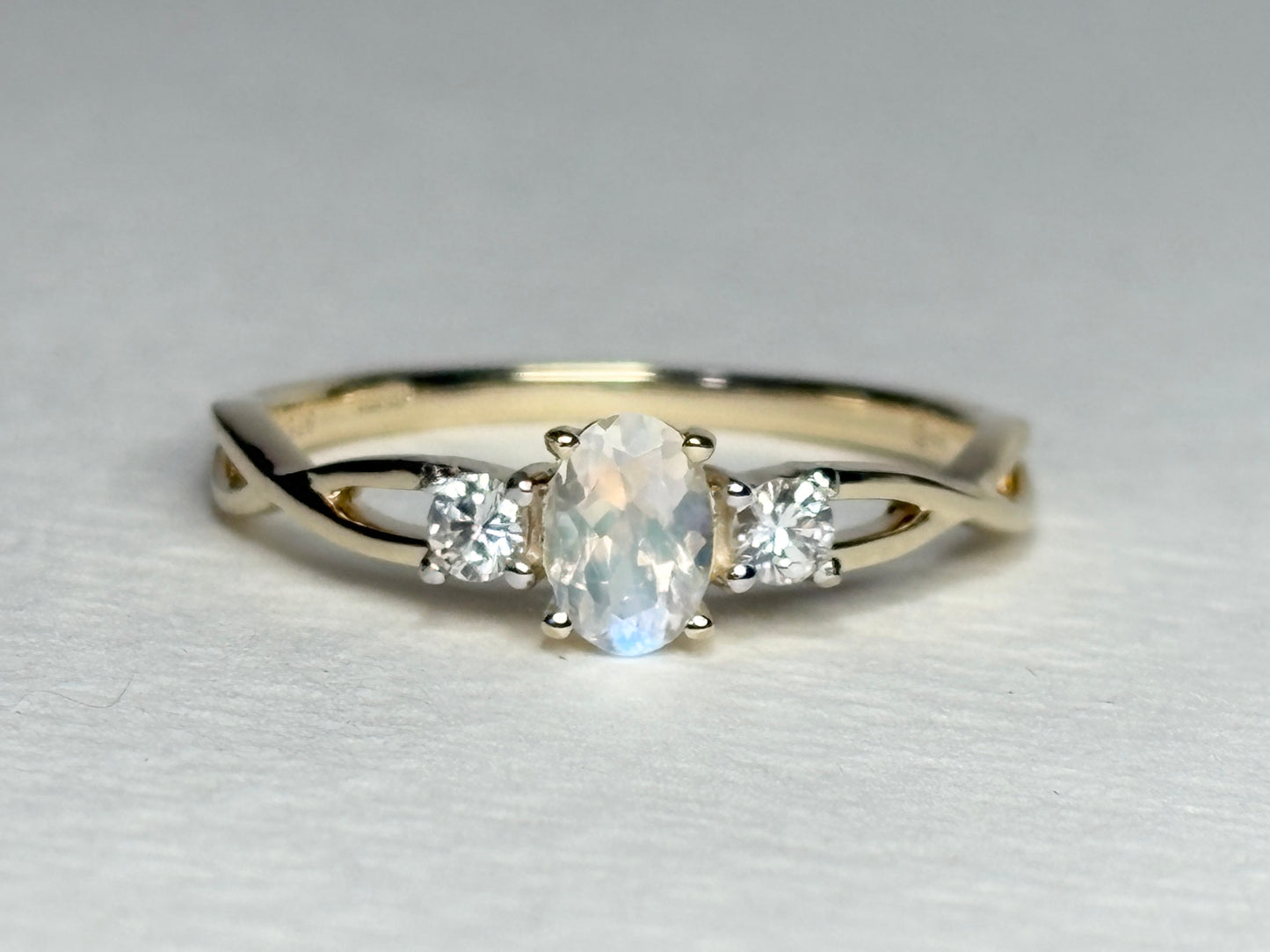 Fine Rainbow Moonstone and Diamond Ring 9k Gold size 8