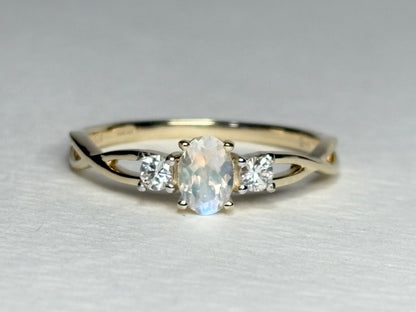 Fine Rainbow Moonstone and Diamond Ring 9k Gold size 8