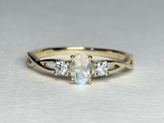 Fine Rainbow Moonstone and Diamond Ring 9k Gold size 8