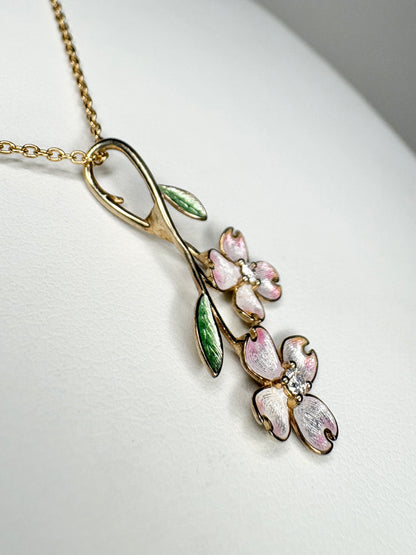 Silver.Gold Plated White Dogwood Pendant. -Diamond