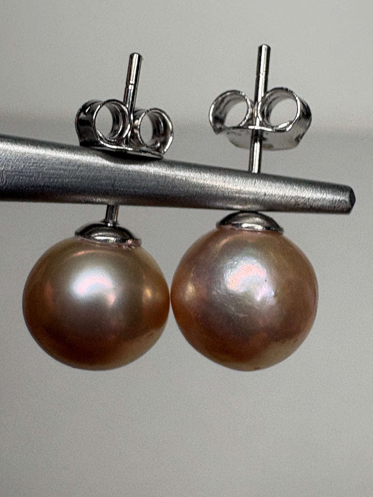 Pink Peach Naturally Colored Cultured Freshwater Pearl Stud Earrings in Sterling Silver 8.5mm