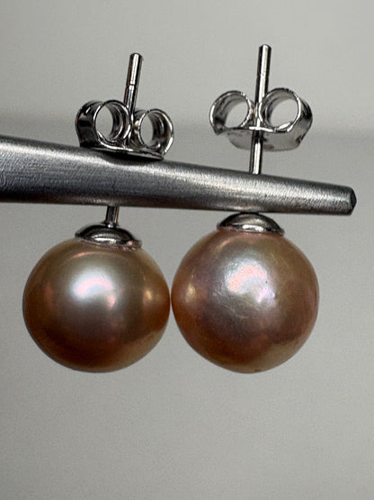 Pink Peach Naturally Colored Cultured Freshwater Pearl Stud Earrings in Sterling Silver 8.5mm