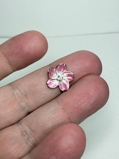 Silver.Gold Plated Pink Cherry Blossom Pendant. Gold-Diamond