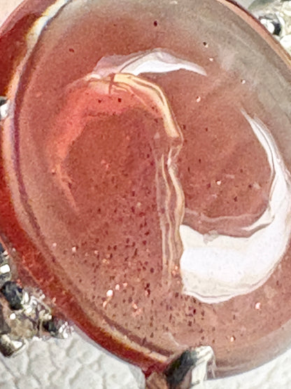 Red Oregon Sunstone Cabochon Ring with Natural Diamonds in Sterling Silver size 7