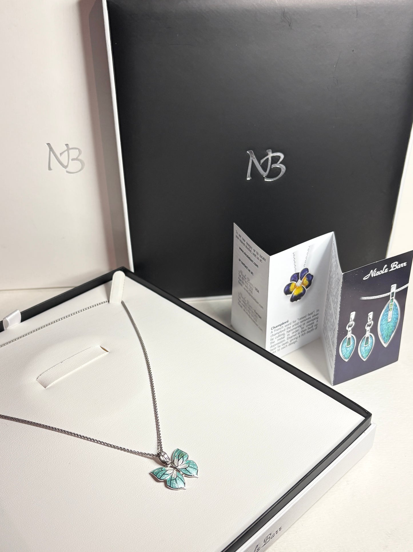 Nicole Barr Enameled Aqua Butterfly and Diamond Pendant Necklace in Adjustable Sterling Silver