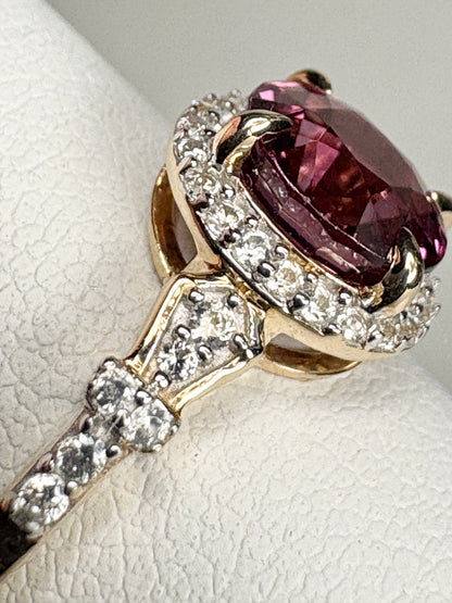 Malawi Rhodolite Garnet and Zircon Halo Ring 9k Gold size 8