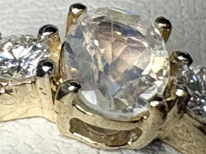 Fine Rainbow Moonstone and Diamond Ring 9k Gold size 8