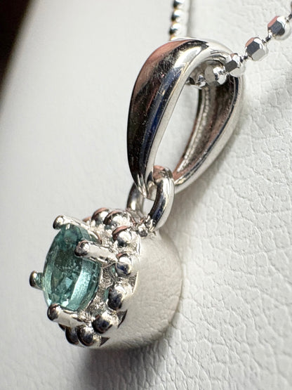Brazilan Lagoon Tourmaline Beaded Solitaire Pendant Necklace Sterling Silver 4mm 18"