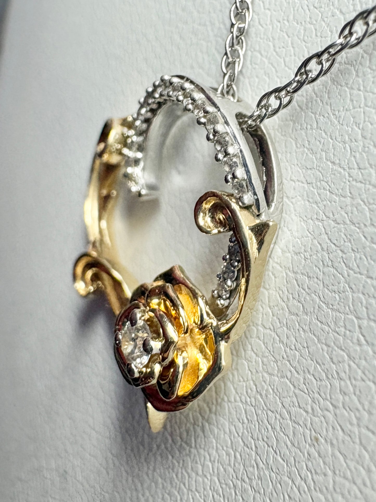 Disney Enchanted Belle Diamond and White Sapphire Rose Heart Pendant Necklace 14k and Sterling silver 18"