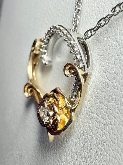 Disney Enchanted Belle Diamond and White Sapphire Rose Heart Pendant Necklace 14k and Sterling silver 18"