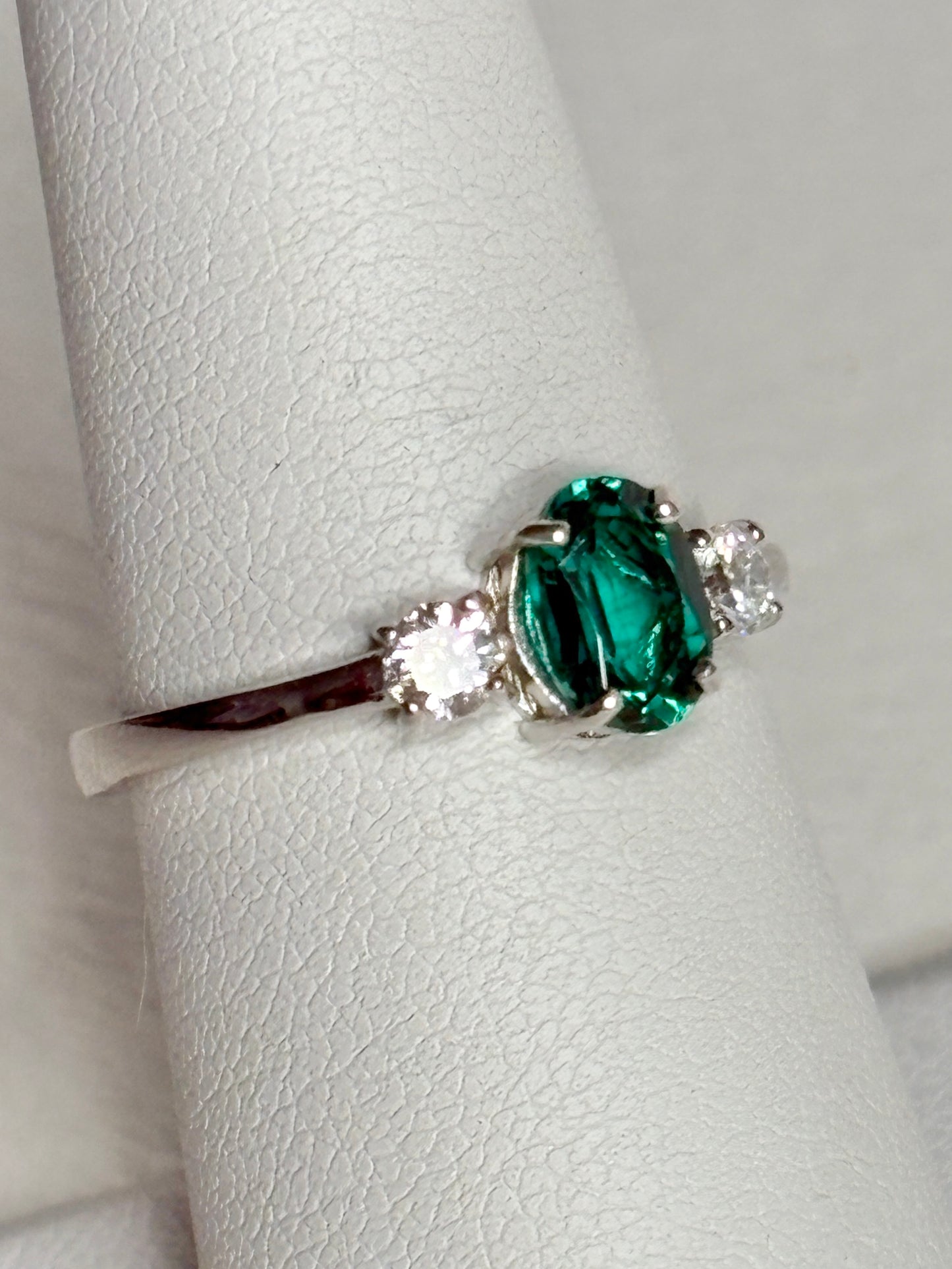 Lab-Grown Emerald and Diamond Ring Sterling Silver size 7