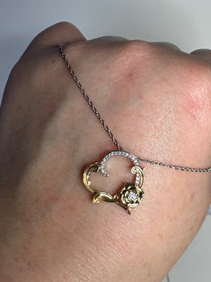 Disney Enchanted Belle Diamond and White Sapphire Rose Heart Pendant Necklace 14k and Sterling silver 18"
