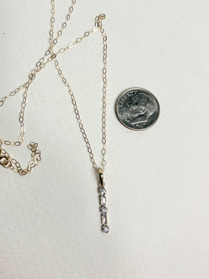 Small Natural Diamond Baguette and Round Bar Pendant Necklace 9k Gold 18"