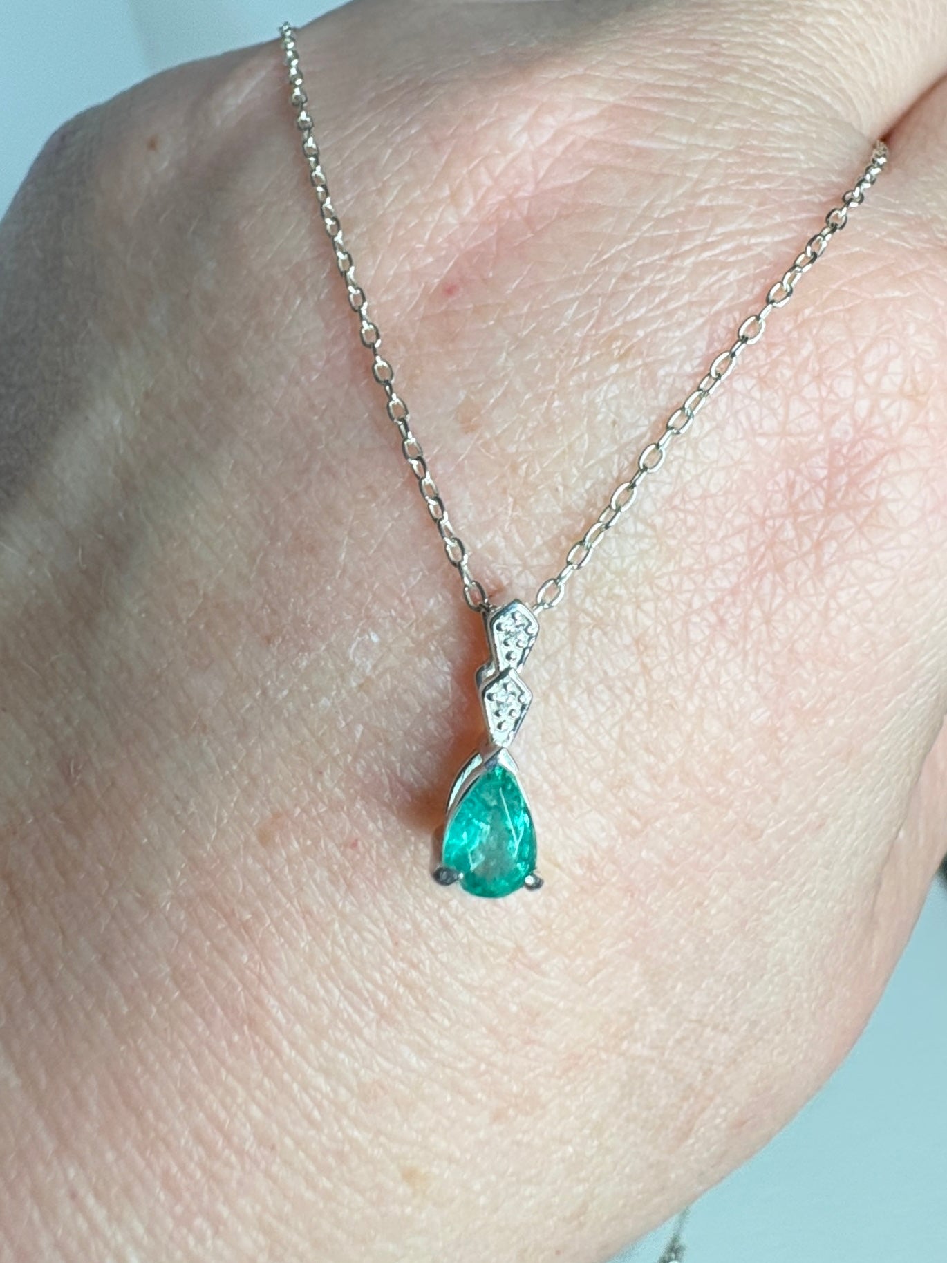 Zambian Emerald Pear Shaped Solitaire Pendant Necklace Sterling Silver 19"