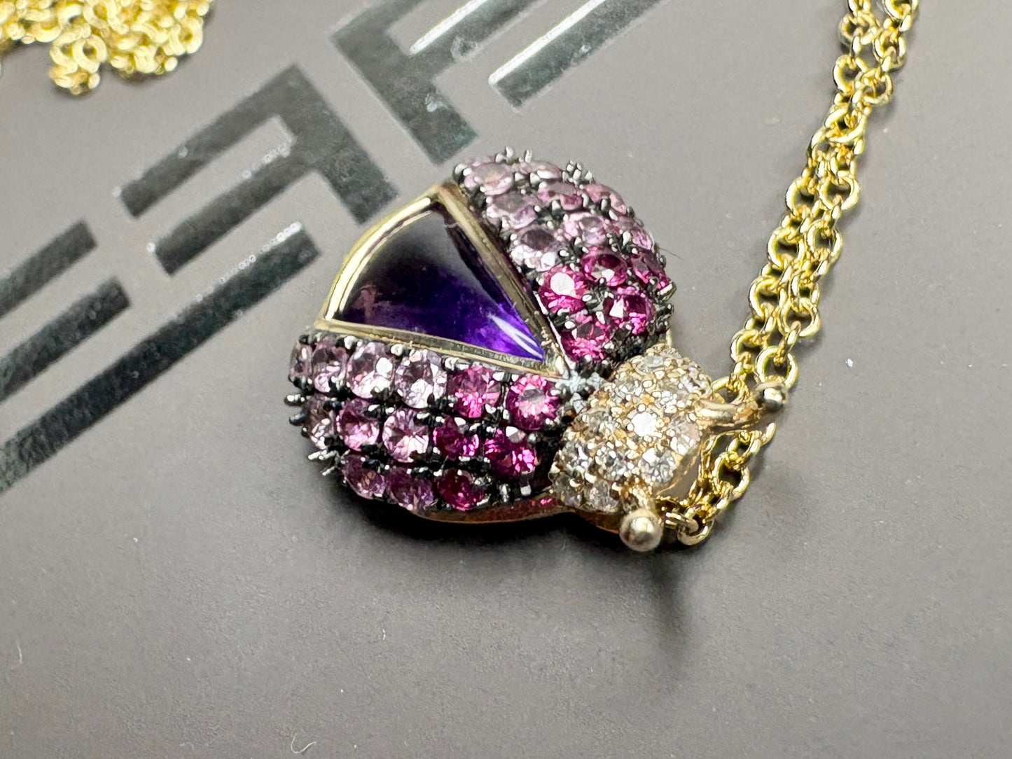 Effy Ladybug Amethyst Diamond Ruby and Pink Sapphire Pendant Necklace Adjustable 18" Solid 14k