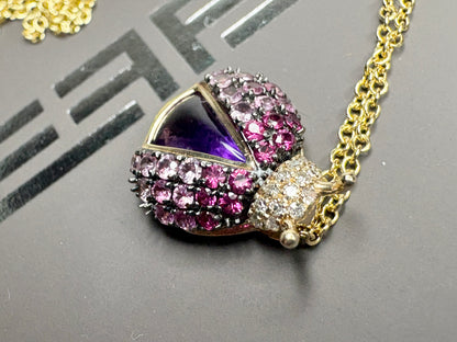 Effy Ladybug Amethyst Diamond Ruby and Pink Sapphire Pendant Necklace Adjustable 18" Solid 14k