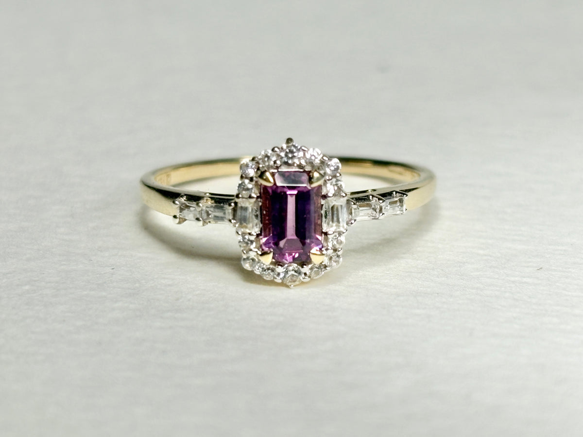 Rhodolite Zircon Halo Ring 9k Gold Size 8