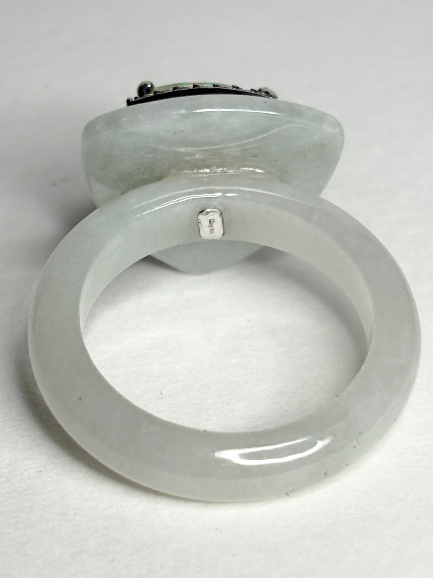 Type A Burmese Jadeite Jade Ethiopian Opal Trillion Halo Ring with Zircon size 7