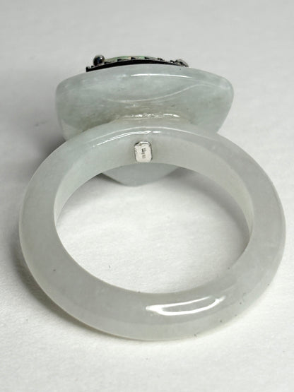 Type A Burmese Jadeite Jade Ethiopian Opal Trillion Halo Ring with Zircon size 7