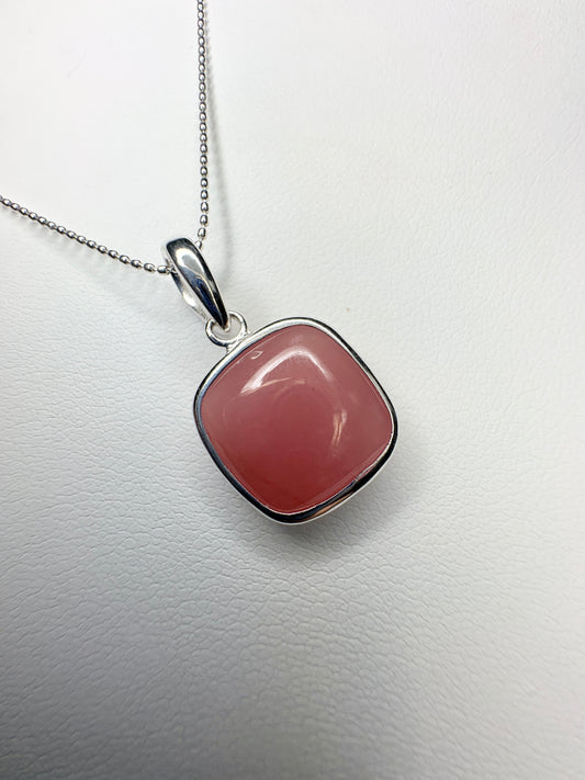 Natural Coral Chalcedony Bezel Pendant Necklace Sterling Silver 18"