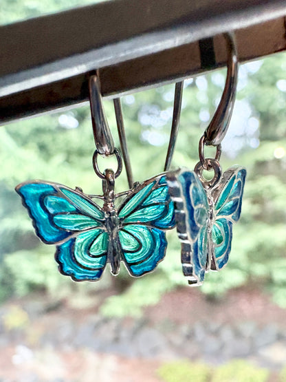 Blue Plique-a-Jour Butterfly Wire Earrings. Sterling Silver