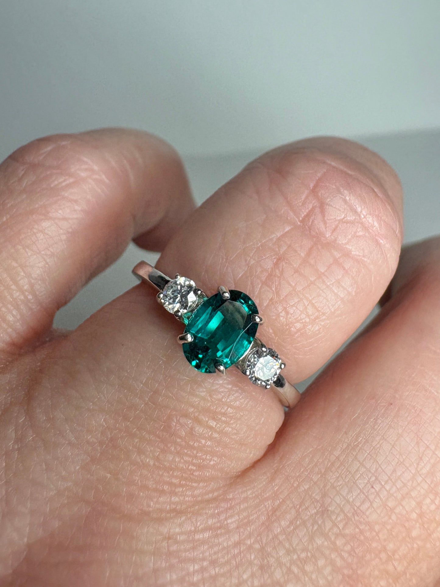 Lab-Grown Emerald and Diamond Ring Sterling Silver size 7