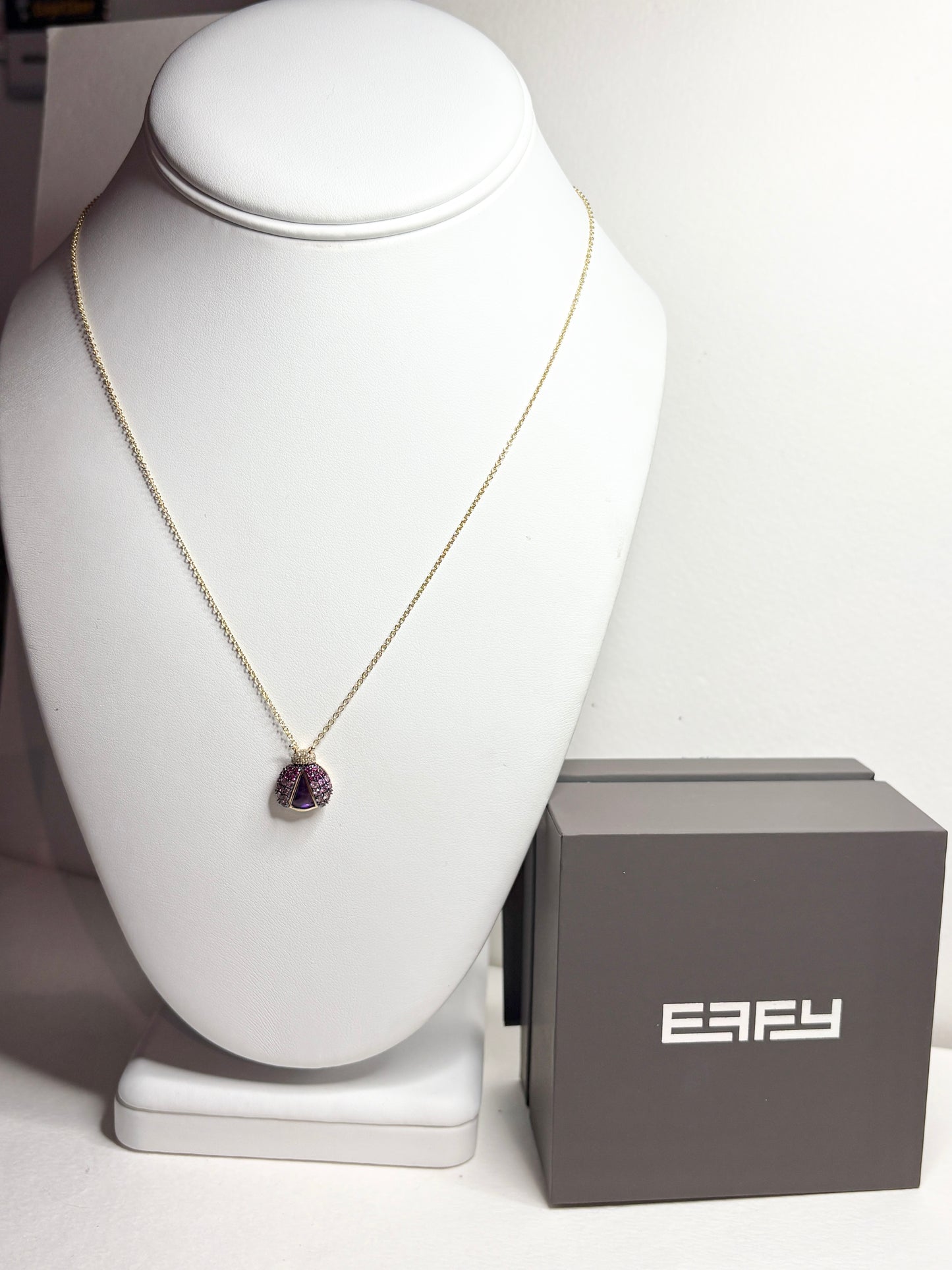 Effy Ladybug Amethyst Diamond Ruby and Pink Sapphire Pendant Necklace Adjustable 18" Solid 14k