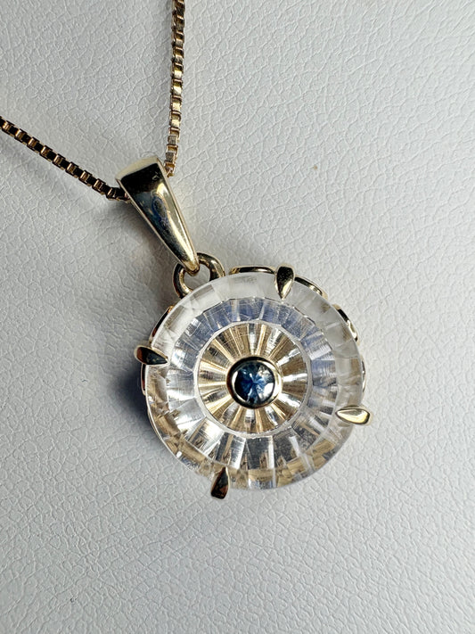 Lehrer Untreated Montana Sapphire Iris Pendant on Quartz in 9k Gold with a Solid 14k Gold Chain 22"