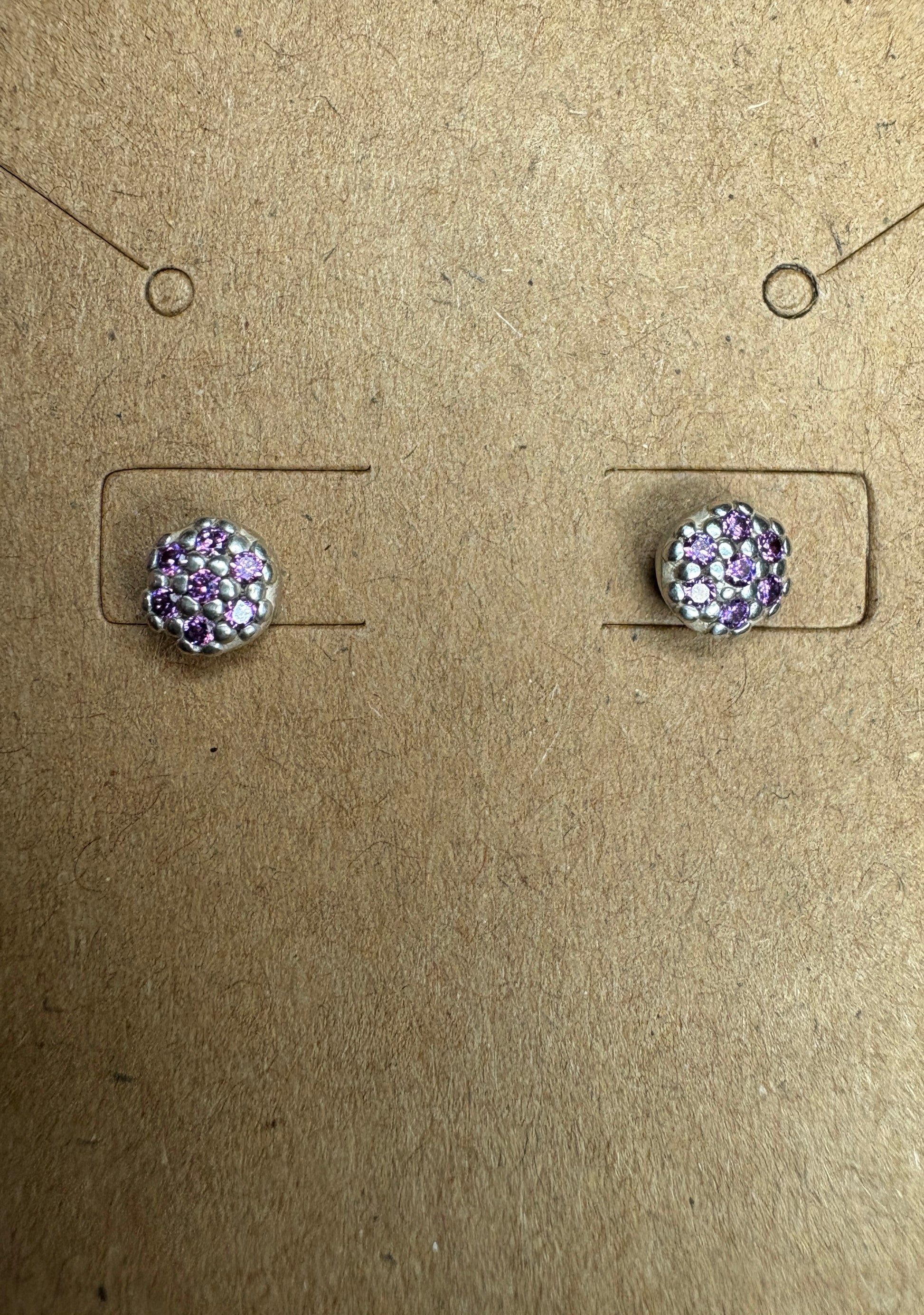 Violet purple pave Pandora stud earrings in sterling silver.