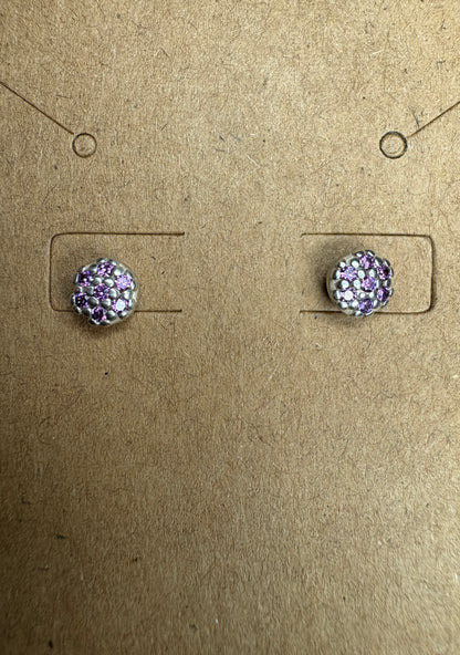 Violet purple pave Pandora stud earrings in sterling silver.