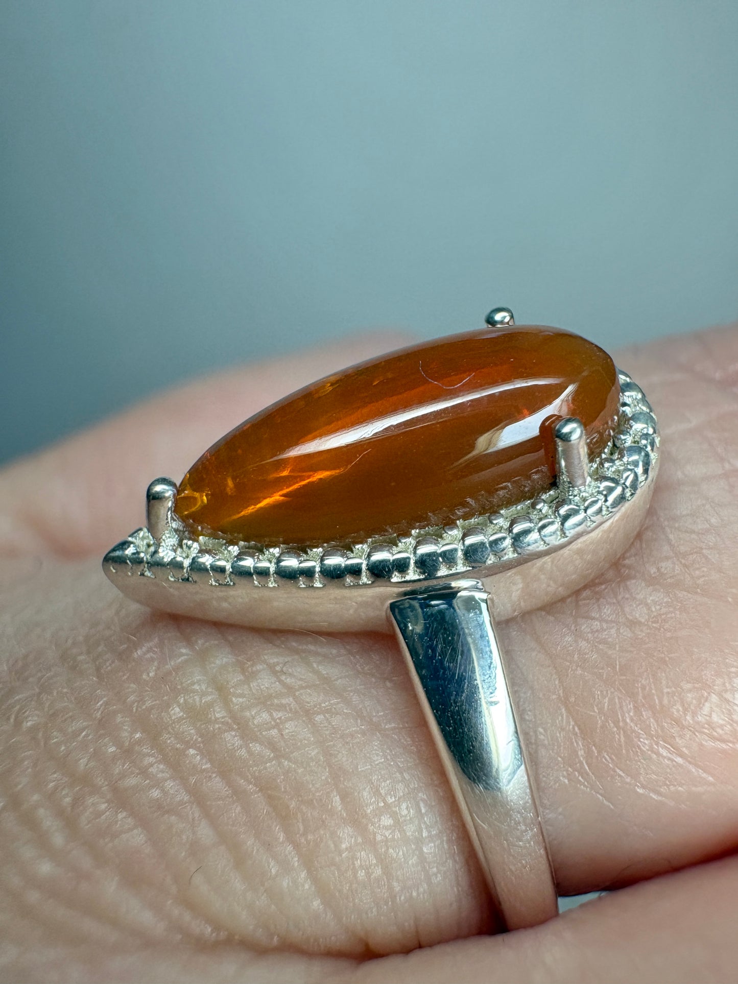 Oregon Fire Opal Cabochon Teardrop Ring Sterling Silver size 7